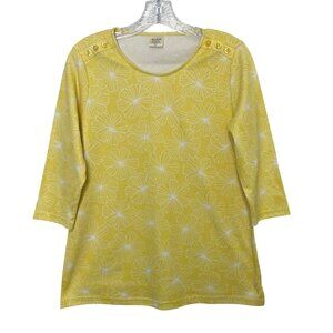 Blair 3/4 Sleeve Top Womens PS Petite Small Yellow New Floral Button Shoulder